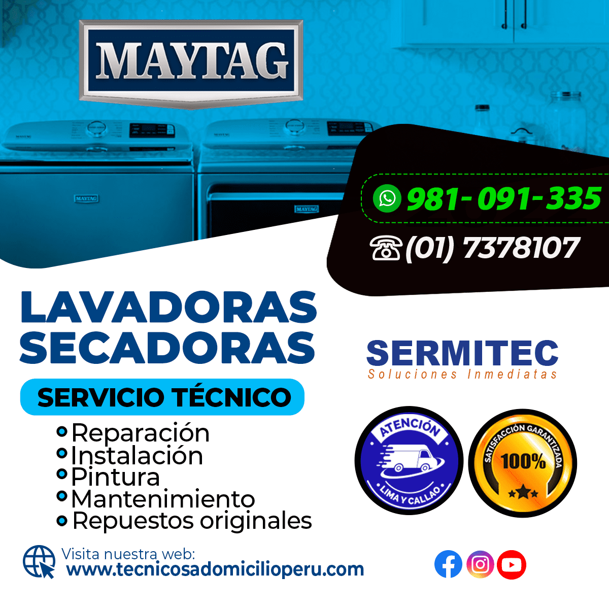 Garantía Mantenimiento lavadoras MAYTAG - 981091335 VILLA EL SALVADOR